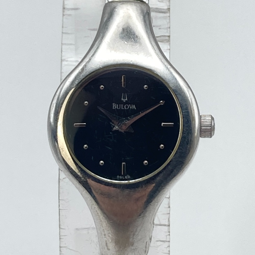 Vtg Bulova Womens Watch 20mm Silver Tone Black Dial 96L69 WR New Battery 6.75"